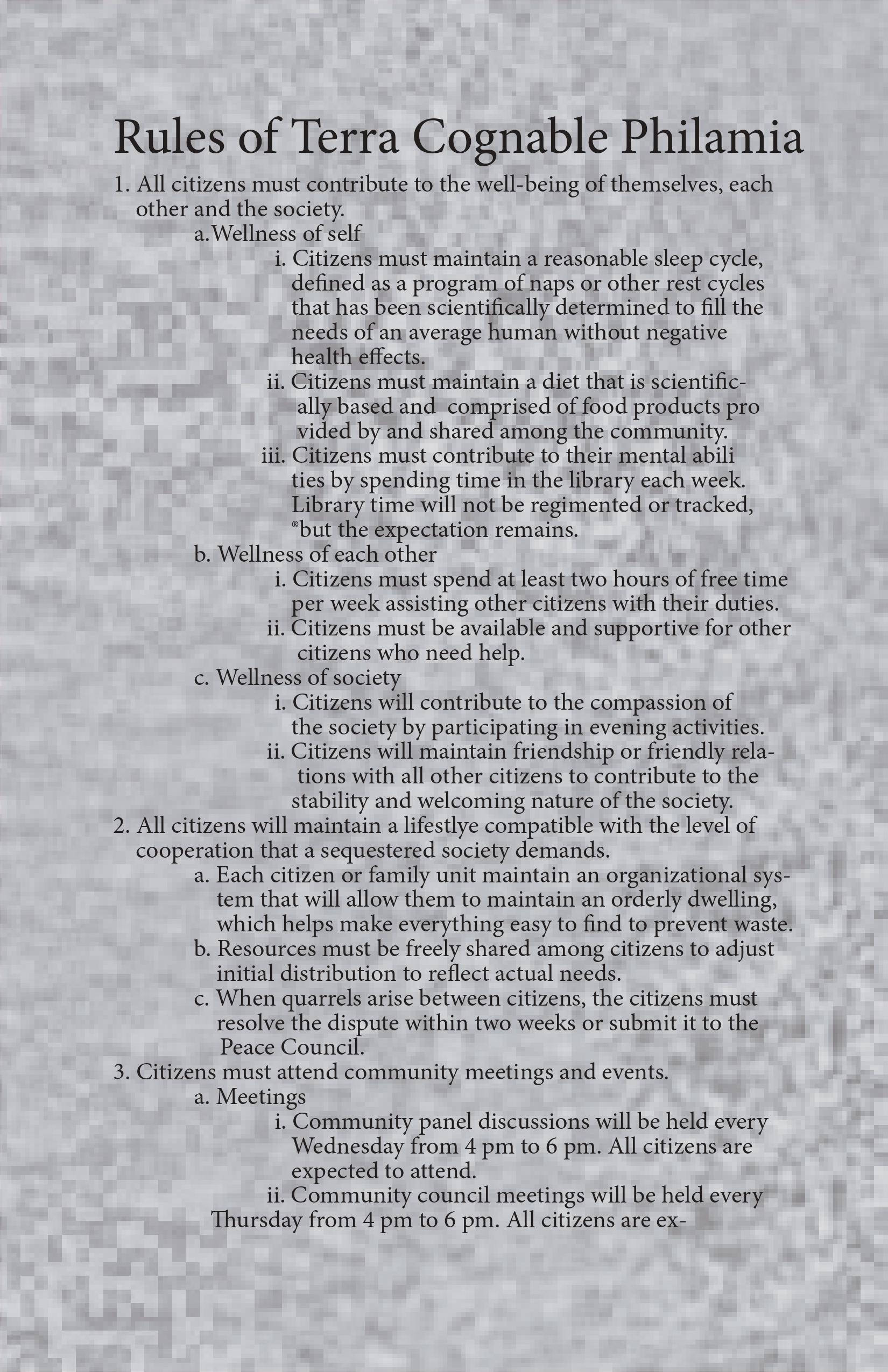 A half-page of a pamphlet entitled 'Rules of Terra Cognable Philamia'. Full text is available on the writing section of the website.