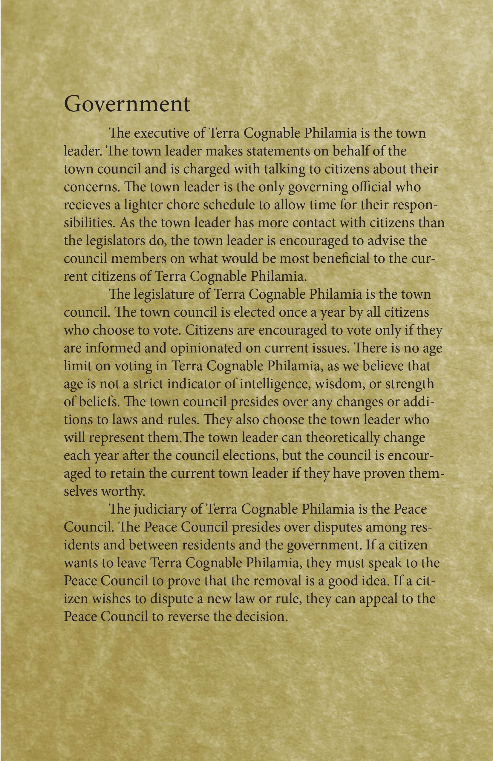 A half-page of a pamphlet entitled 'Government'. It has black serif text on a parchment-like background with a yellow tone.