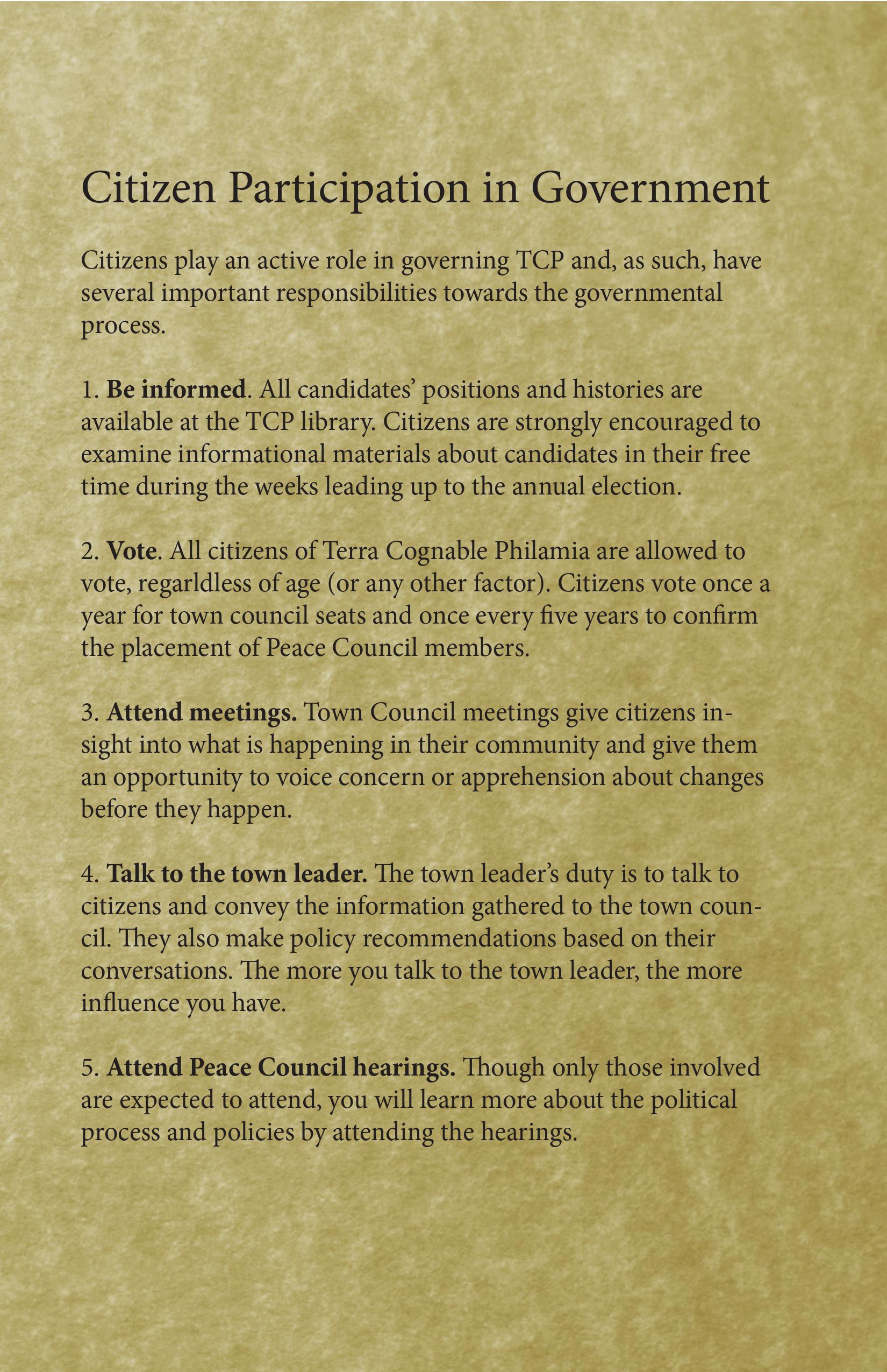 A half-page of a pamphlet entitled 'Citizen Participation in Government'. It has black serif text on a parchment-like background with a yellow tone.