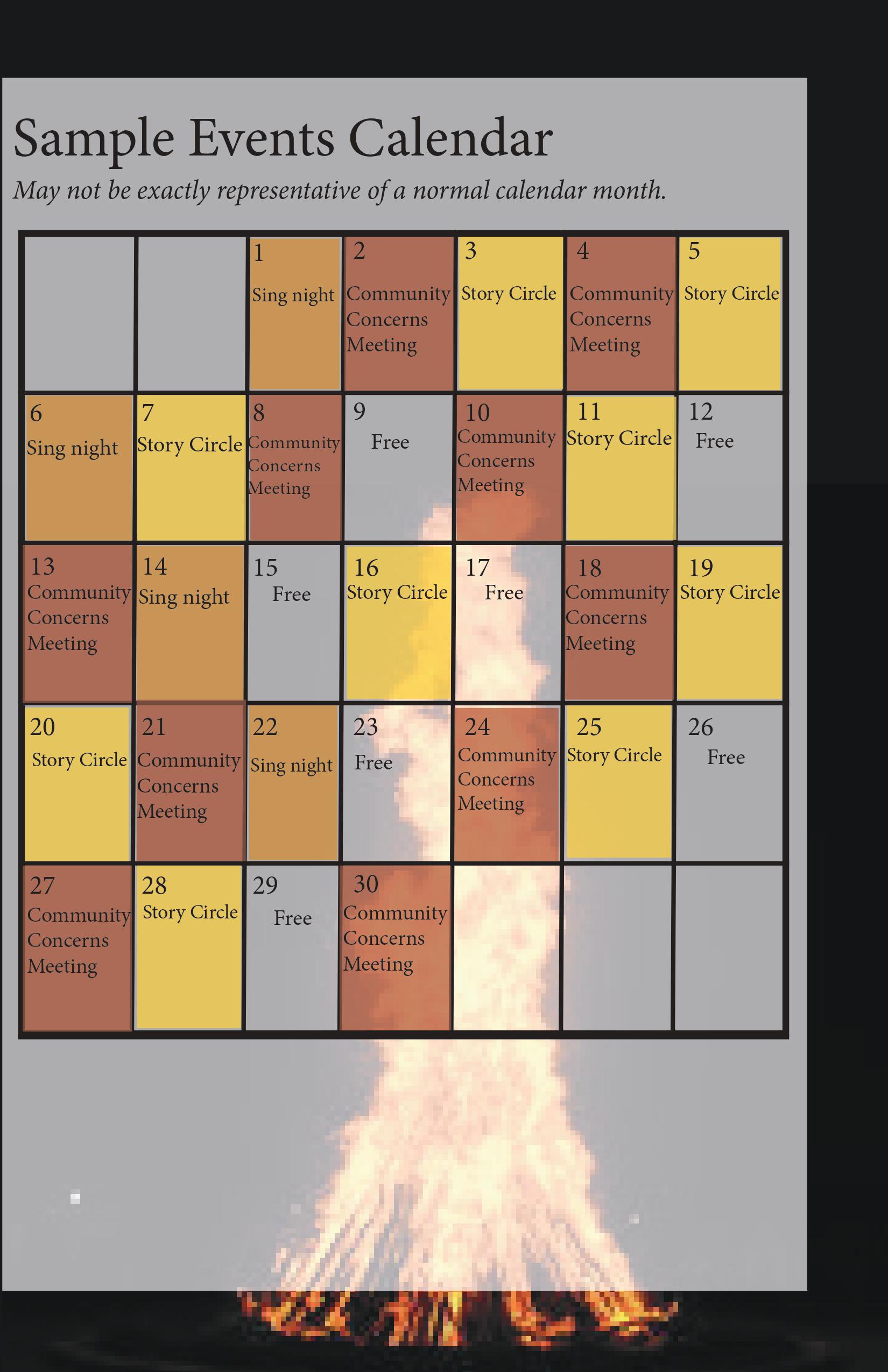 A grid labeled 'Sample Events Calendar'. It has a partially transparent white background with an image of a campfire behind it. Several spaces on the calendar are highlighted and labeled. The labels include 'sing night', 'community concerns meeting', and 'story circle'. The unhighlighted days are labeled 'free'.