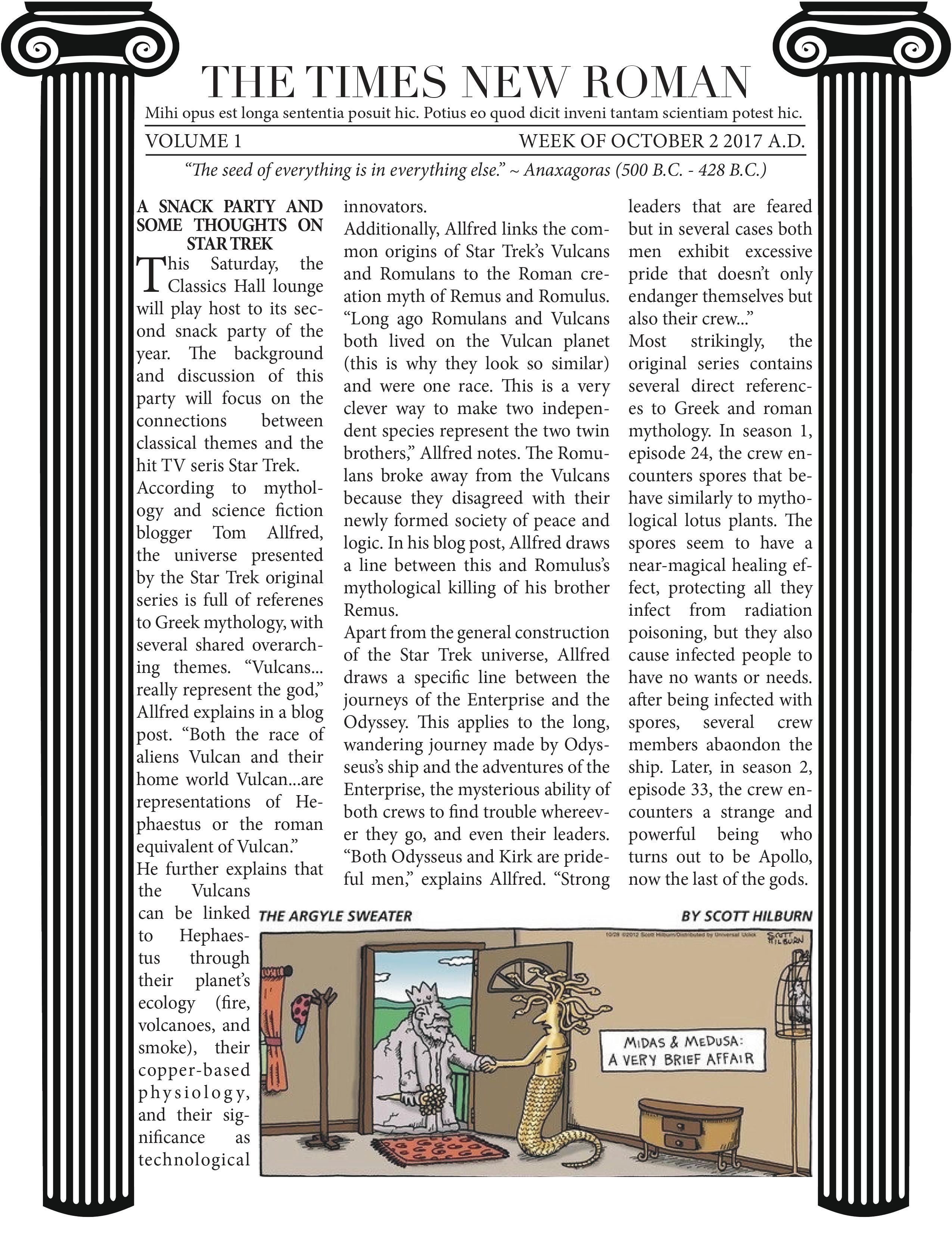 A page of a newsletter entitled 'The Times New Roman'. It has one visible article entitled 'A Snack Party and Some Thoughts on Star Trek' and a cartoon depicting a meeting between King Midas and Medusa. Full text and a more complete description of the cartoon are available on the writing portion of the website.