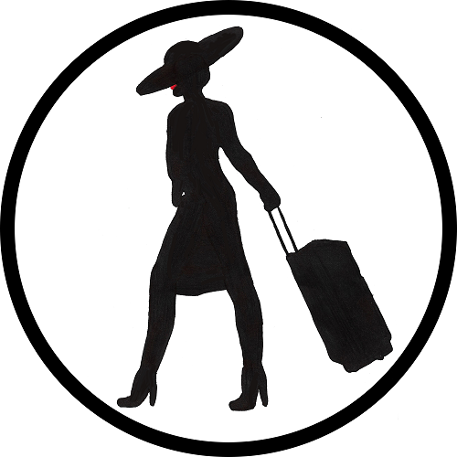 A circular logo with a white background and a thick black outline. In the middle, there is a silhouette of a woman with a wide-brimmed hat tilted forward over her eyes dragging a rolling suitcase behind her. She is wearing a knee-length dress and high-heeled shoes. Her lips are red, but the rest of the image is black.