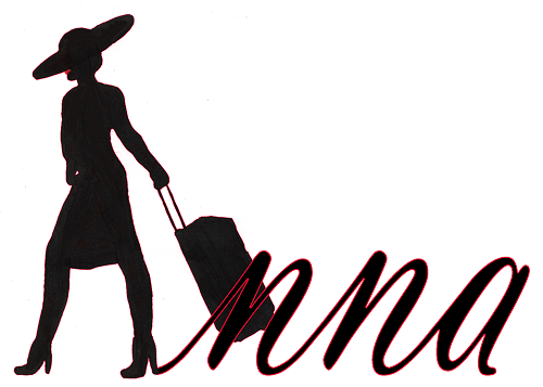 A rectangular logo that reads 'Anna'. The 'nna' is written in a black script font with a red outline. The A is  silhouette of a woman with a wide-brimmed hat tilted forward over her eyes dragging a rolling suitcase behind her. She is wearing a knee-length dress and high-heeled shoes. Her lips are red, but the rest of the silhouette is black. Her suitcase is layered beind the rest of the letters and her legs are aligned to form the lines of the 'A'.