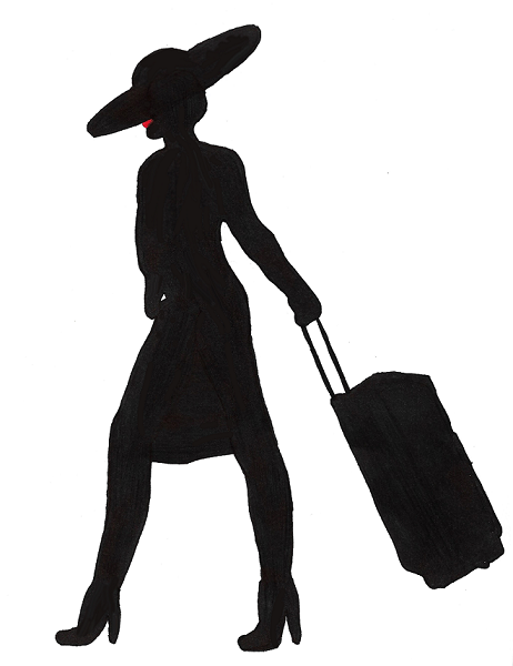 The silhouette of a woman with a wide-brimmed hat tilted forward over her eyes dragging a rolling suitcase behind her. She is wearing a knee-length dress and high-heeled shoes. Her lips are red, but the rest of the image is black.