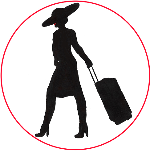 A circular logo with a white background and a thin red outline. In the middle, there is a silhouette of a woman with a wide-brimmed hat tilted forward over her eyes dragging a rolling suitcase behind her. She is wearing a knee-length dress and high-heeled shoes. Her lips are red, but the rest of the image is black.