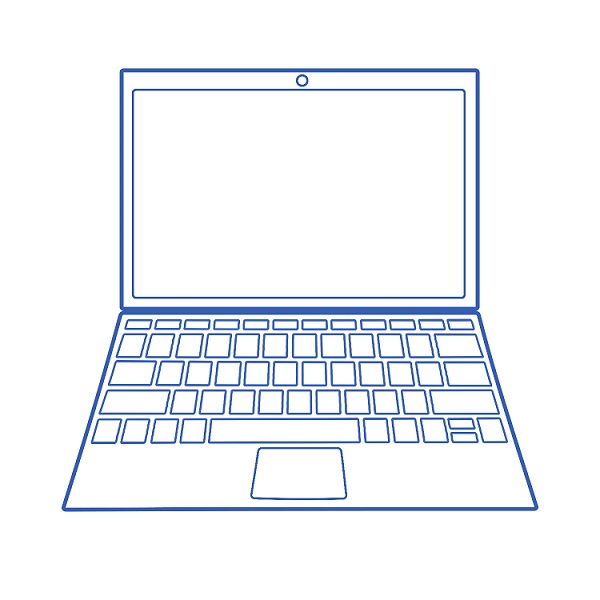 A logo representing a laptop, outlined with simplistic blue shapes.