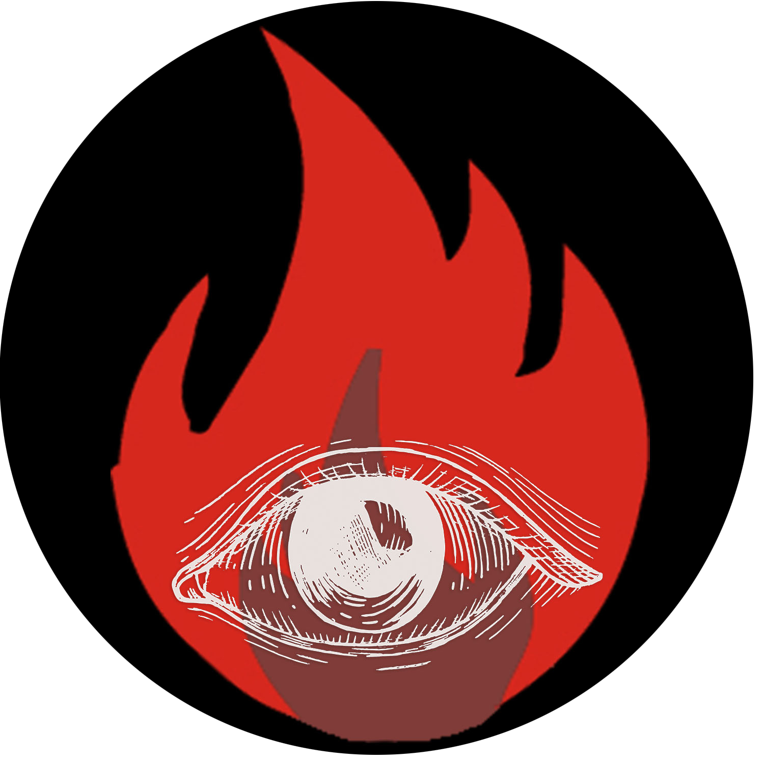 A circular logo that has a black background. Layered over it are a red flame and white lineart of an open eye.