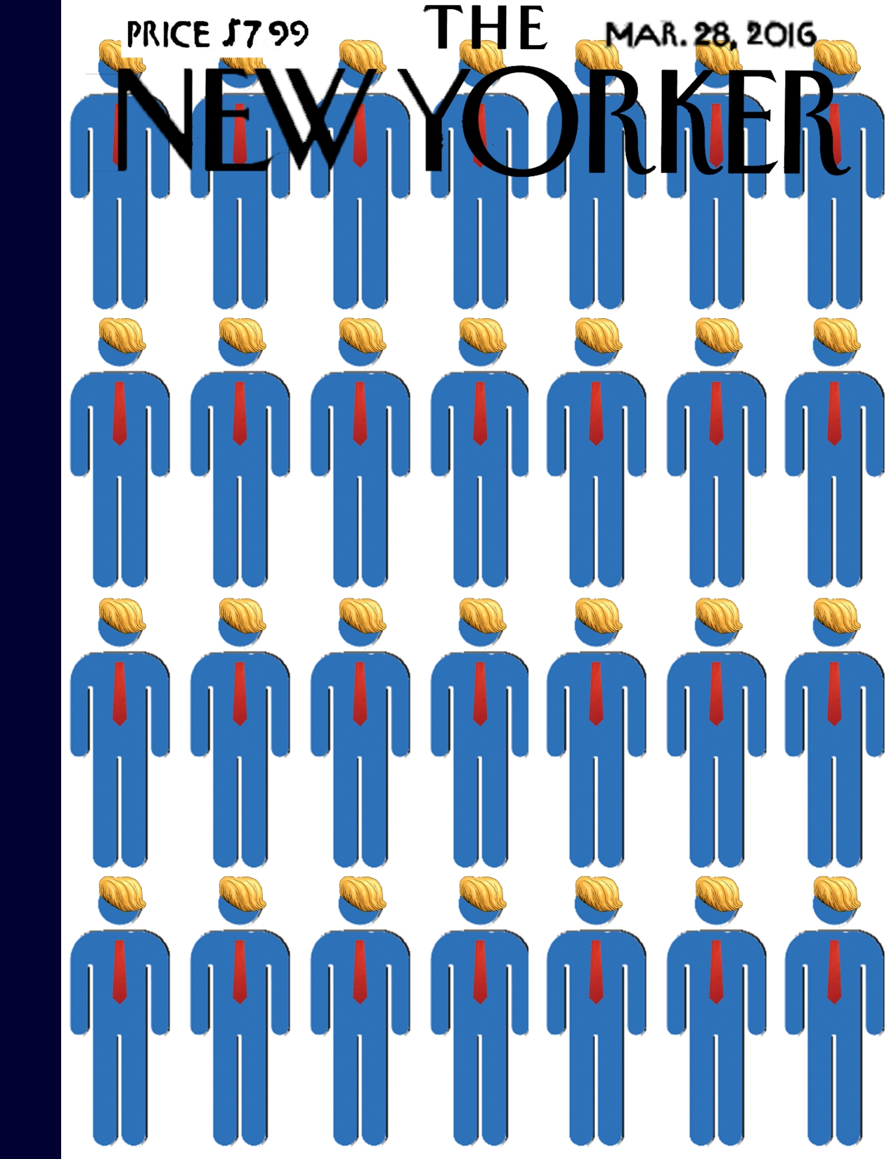 An image that imitates a New Yorker cover. It says 'The New Yorker', 'Price $7.99', and 'Mar. 28, 2016'. The cover image is a collection of generic blue 'man' images with blonde haircuts and red ties.