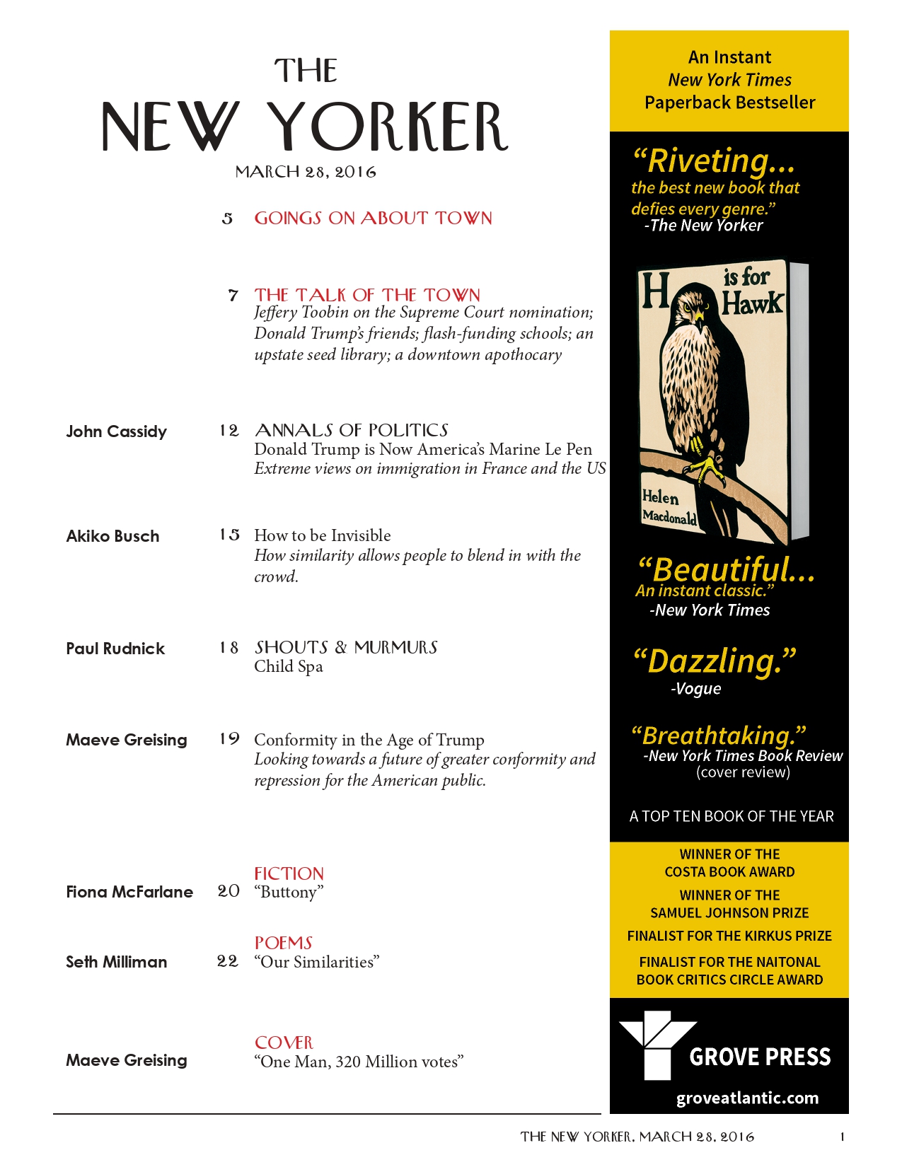 A New Yorker table of contents. It has a sidebar advertisement for H is for Hawk.