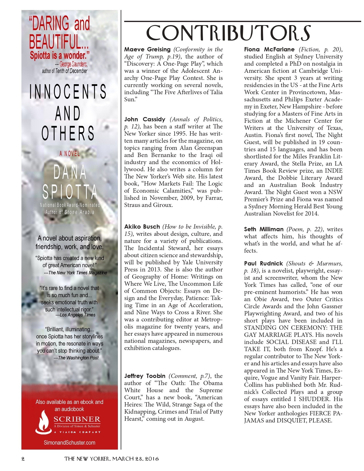 A contributor page for the New Yorker. It includes a sidebar ad for Innocents and Others.