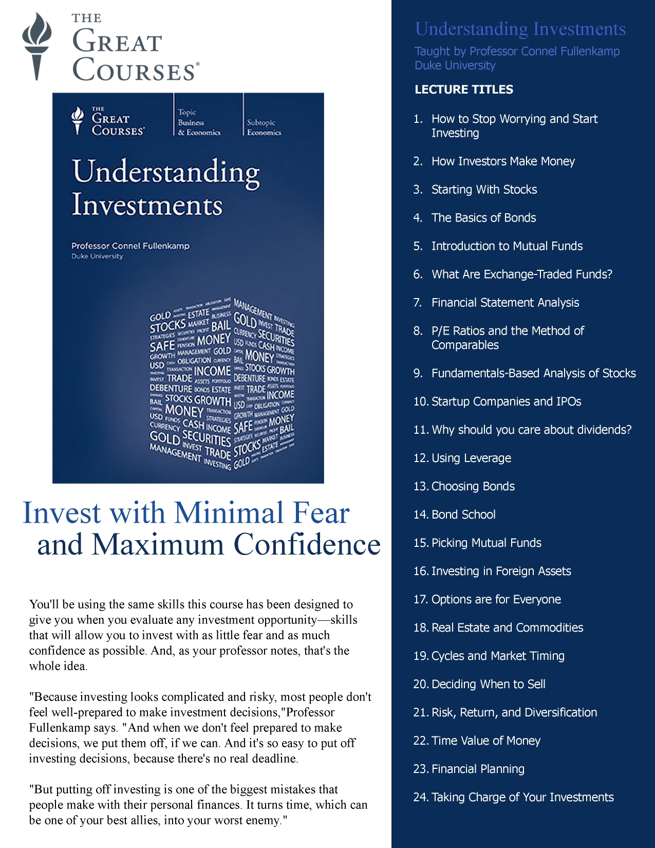 A full-page advertisement for The Great Courses' Understanding Investments course. It includes a picture of the course cover, three paragraphs of ad copy, and a sidebar with a list of the lecture titles.