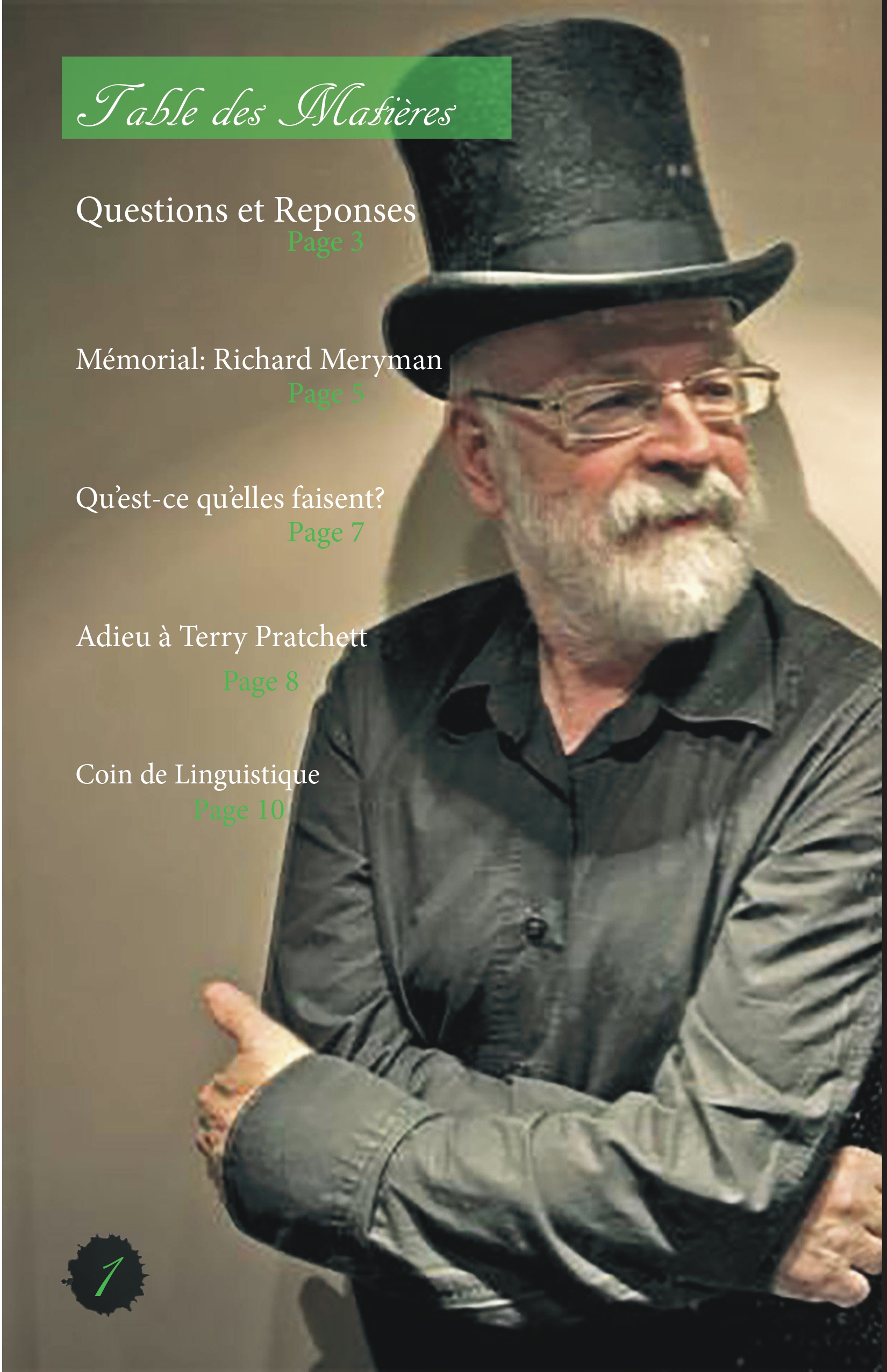 A full-page table of contents. It is written in white and green text on top of an image of Sir Terry Pratchett in a fanciful top hat.