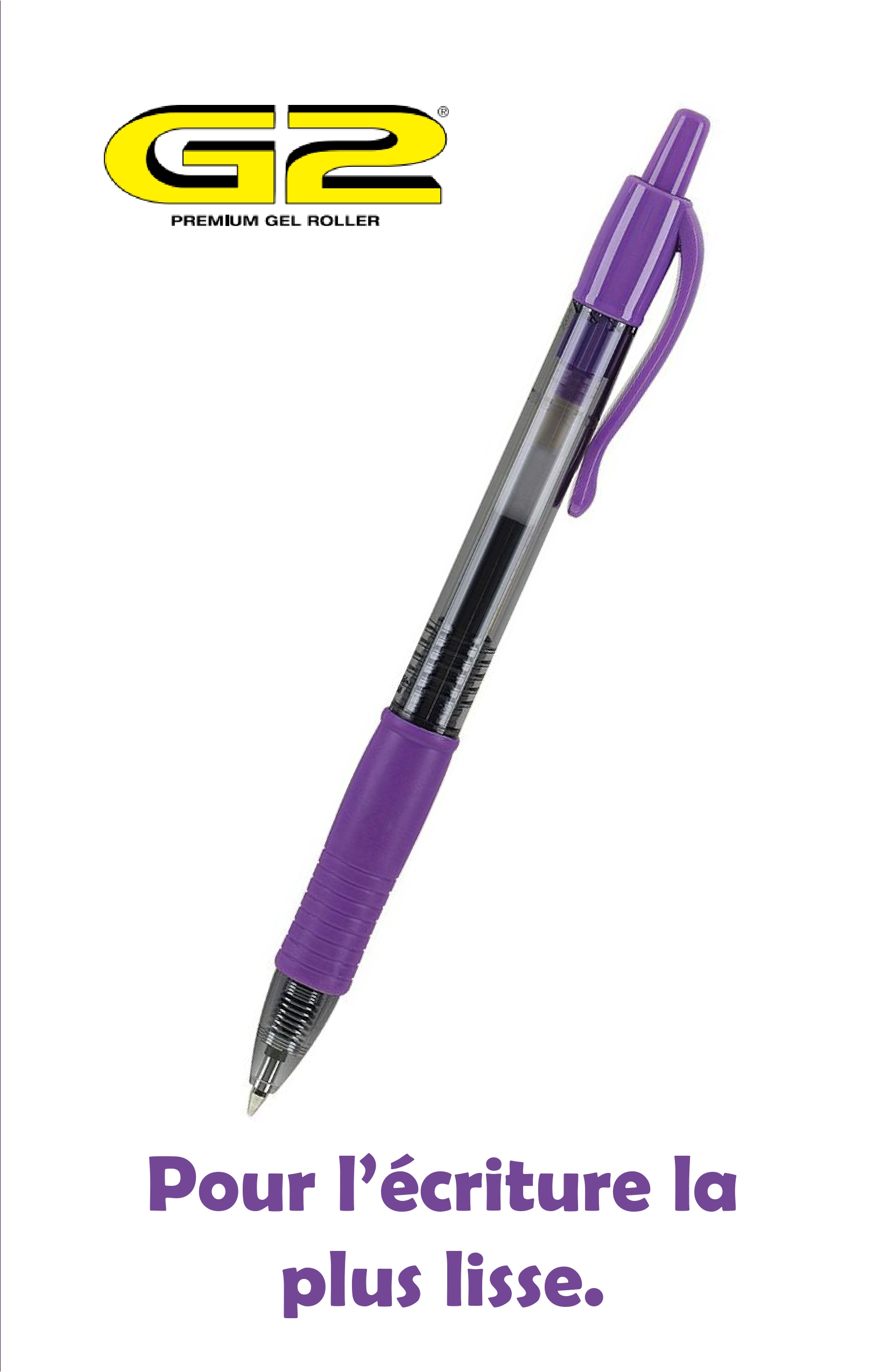 A full-page G2 advertisement. It has a G2 logo in the upper-left corner. In the center, there is an image of a purple G2 pen. At the bottom, sans serif text reads, 'Pour l'ecriture la plus lisse'.