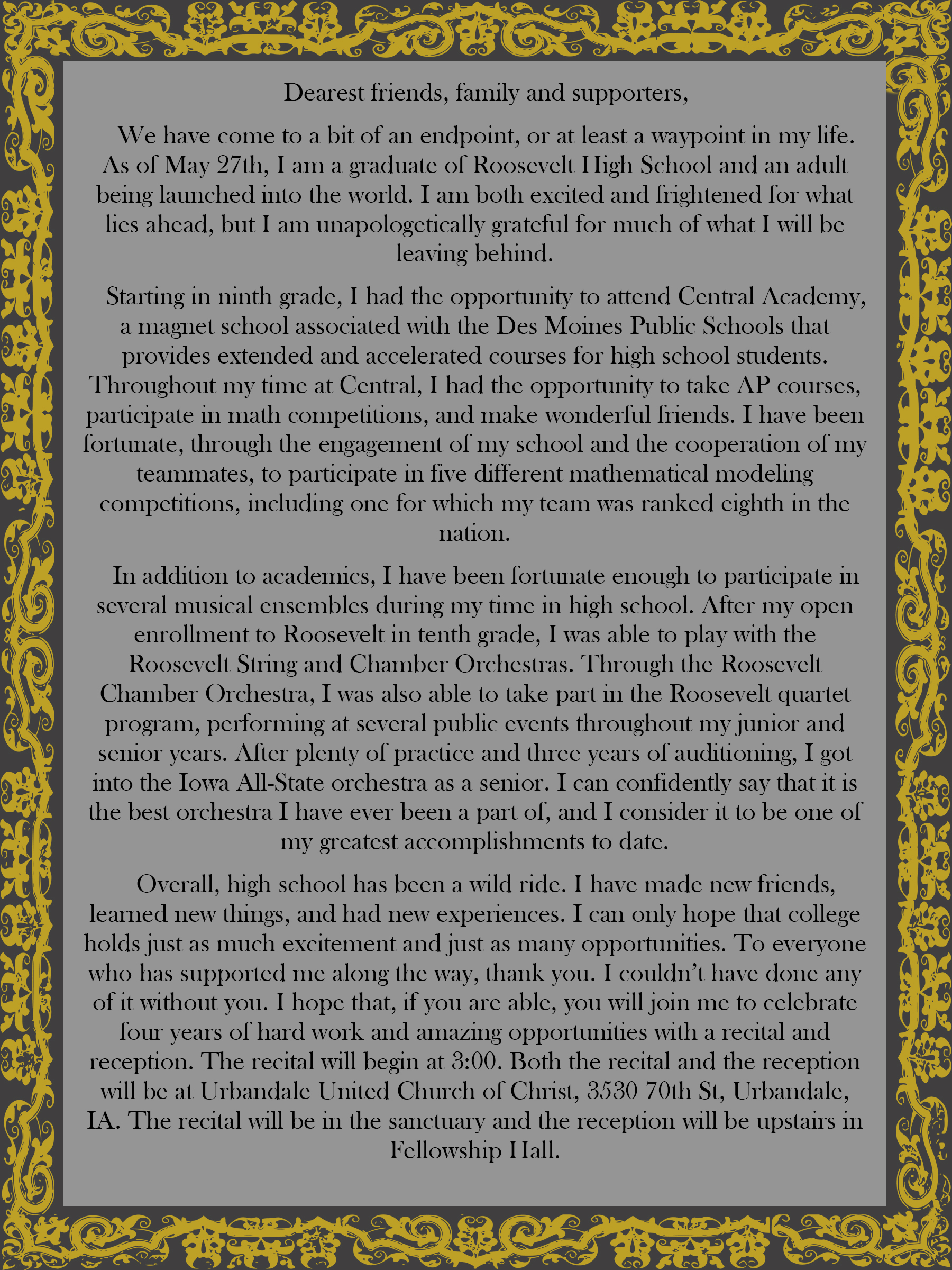 The back of an announcement card. It has a dark grey border with gold-colored embellishments and a light grey center. The text is phrased as a letter to 'friends, family and supporters', and includes a summary of Maeve's high school activities. The full text of the announcement can be found on the writing page.