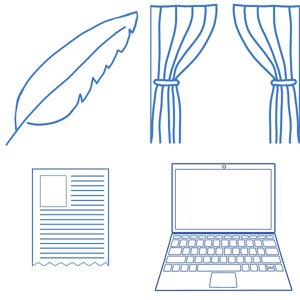 A logo that has four panels, each of which includes a smaller logo. The smaller logos are the document, curtains, laptop, and quill pen represented in the previous four logos.