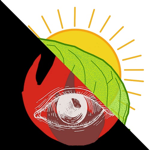 A square logo divided in half diagonally. One half shows an eye superimposed over a flame on a black background. The other half shows a leaf superimposed over a sun.