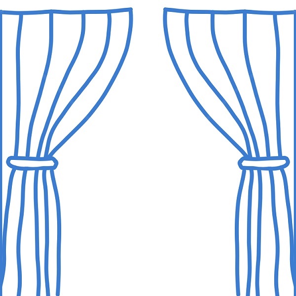 A simple lineart logo that represents a pair of open curtains.